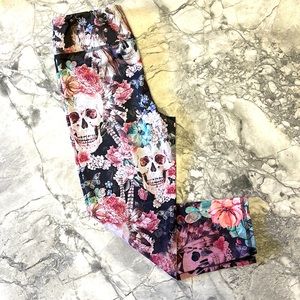 EVCR Leggings Skull Floral Pink Green Blue on Black M